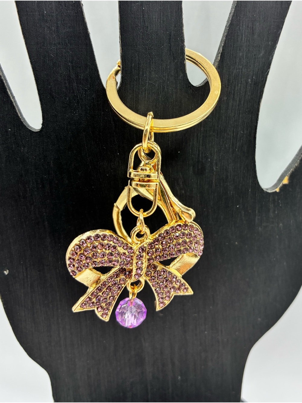 Mint Gold-Tone Bow Keychain with Purple Crystals